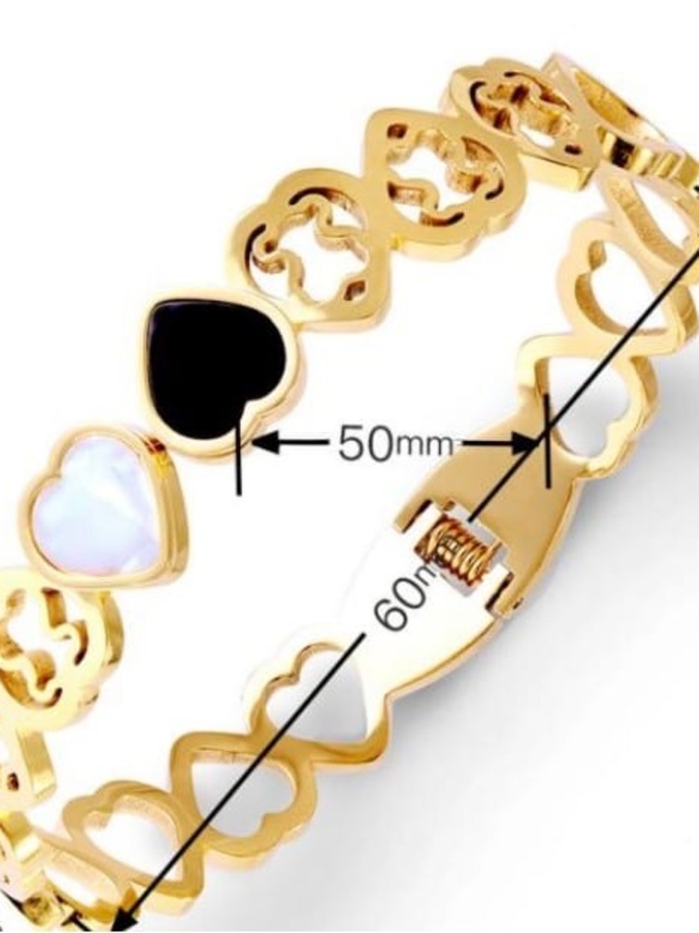 Gold Heart Link Bracelet with Black and White Inlays